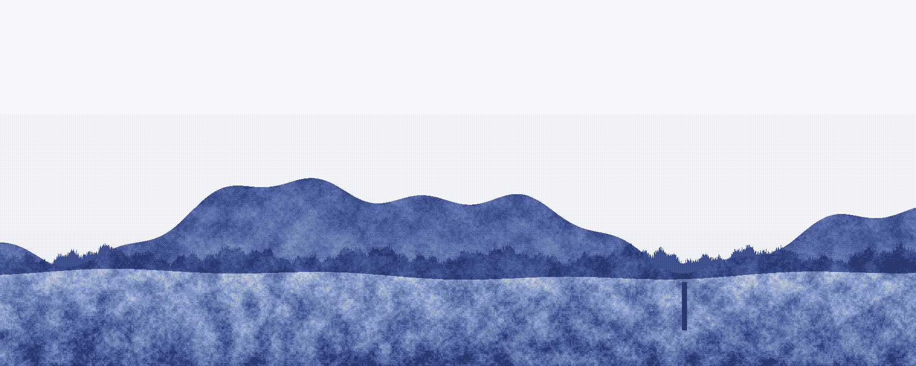 Posterized blue landscape of mountains, a tree line, and a broad open field